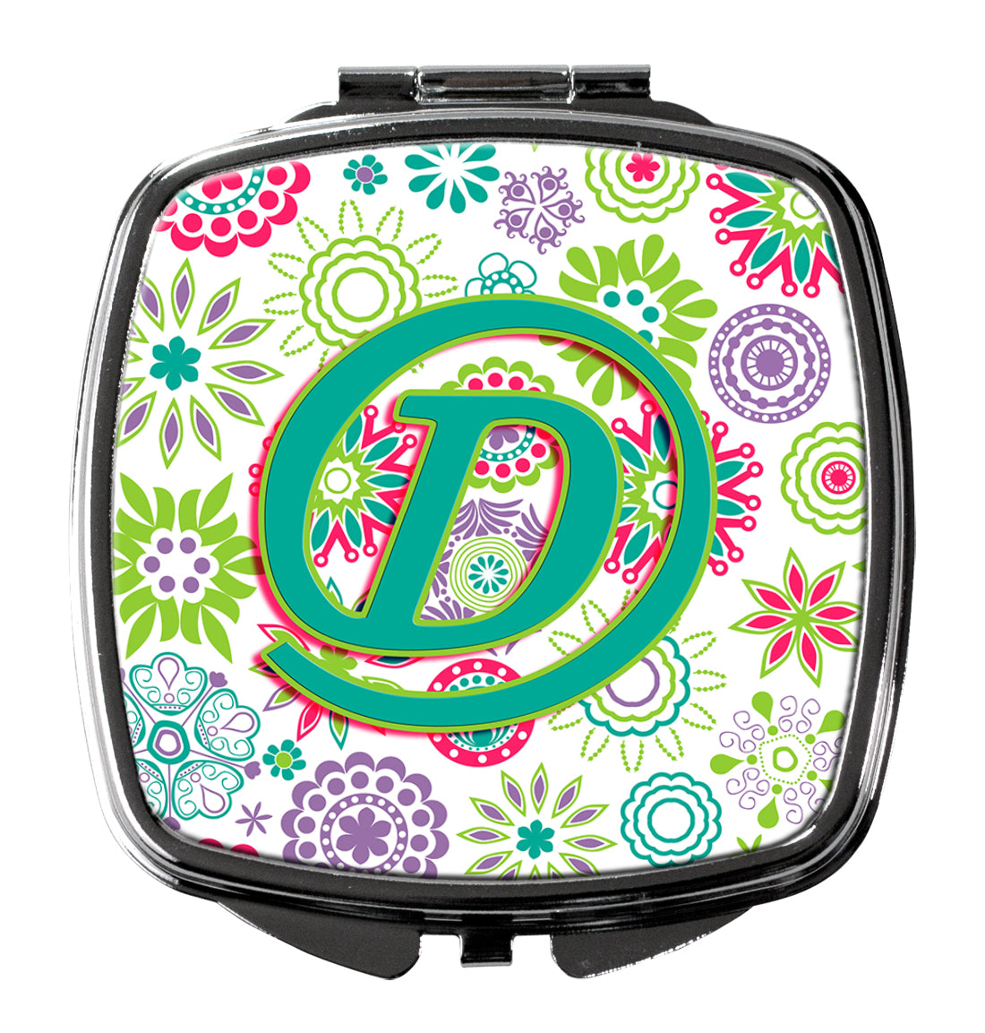 Letter D Flowers Pink Teal Green Initial Compact Mirror CJ2011-DSCM