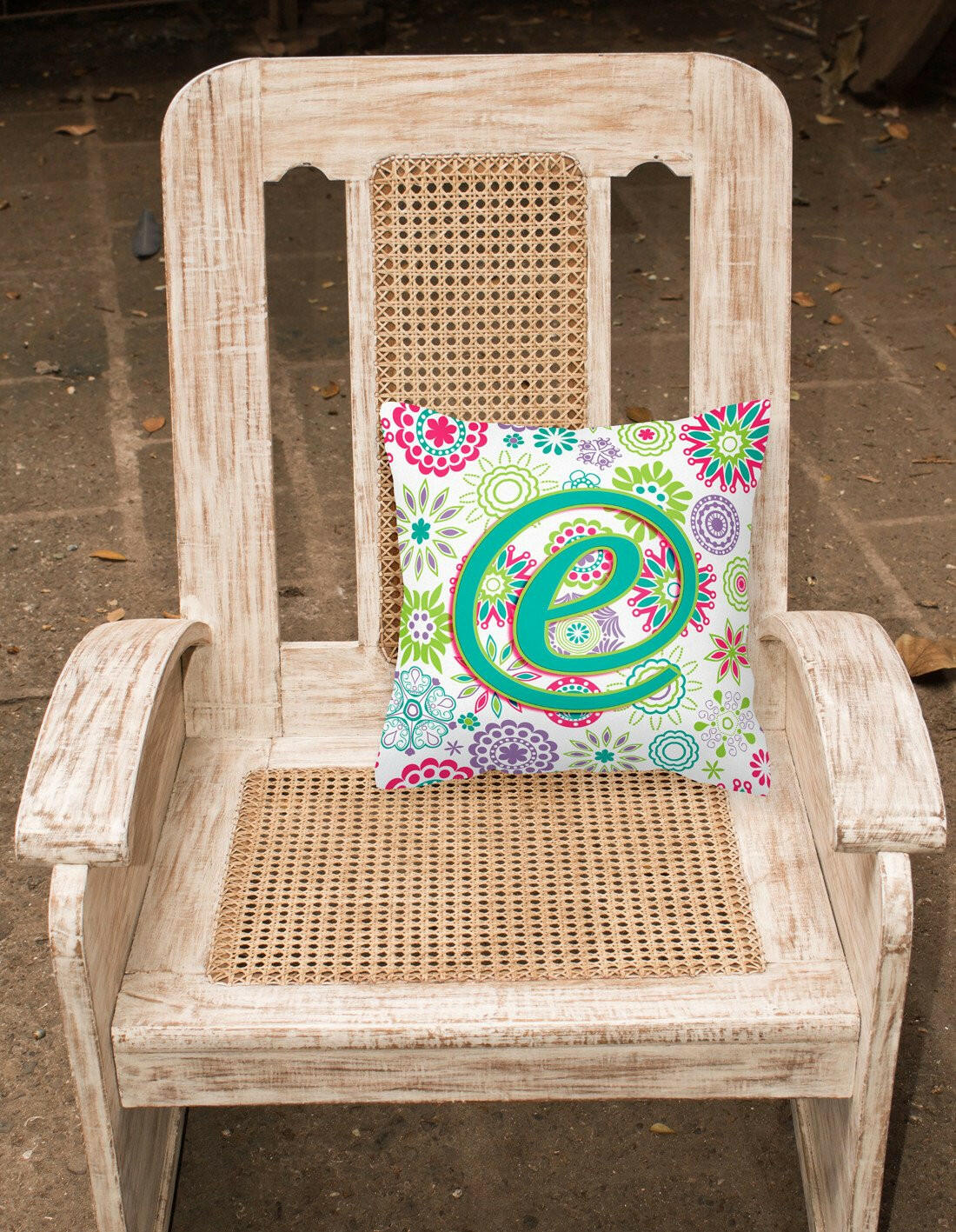 Letter E Flowers Pink Teal Green Initial Canvas Fabric Decorative Pillow CJ2011-EPW1414 by Caroline's Treasures