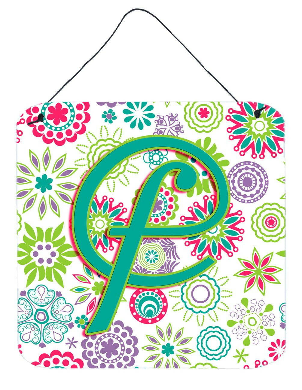 Letter F Flowers Pink Teal Green Initial Wall or Door Hanging Prints CJ2011-FDS66 by Caroline's Treasures