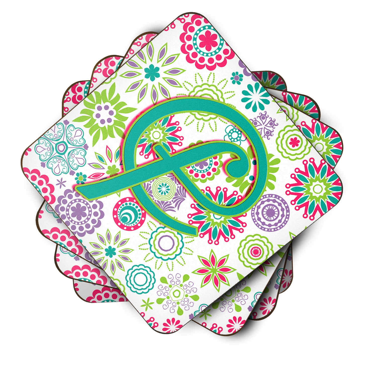 Set of 4 Letter F Flowers Pink Teal Green Initial Foam Coasters CJ2011-FFC - the-store.com