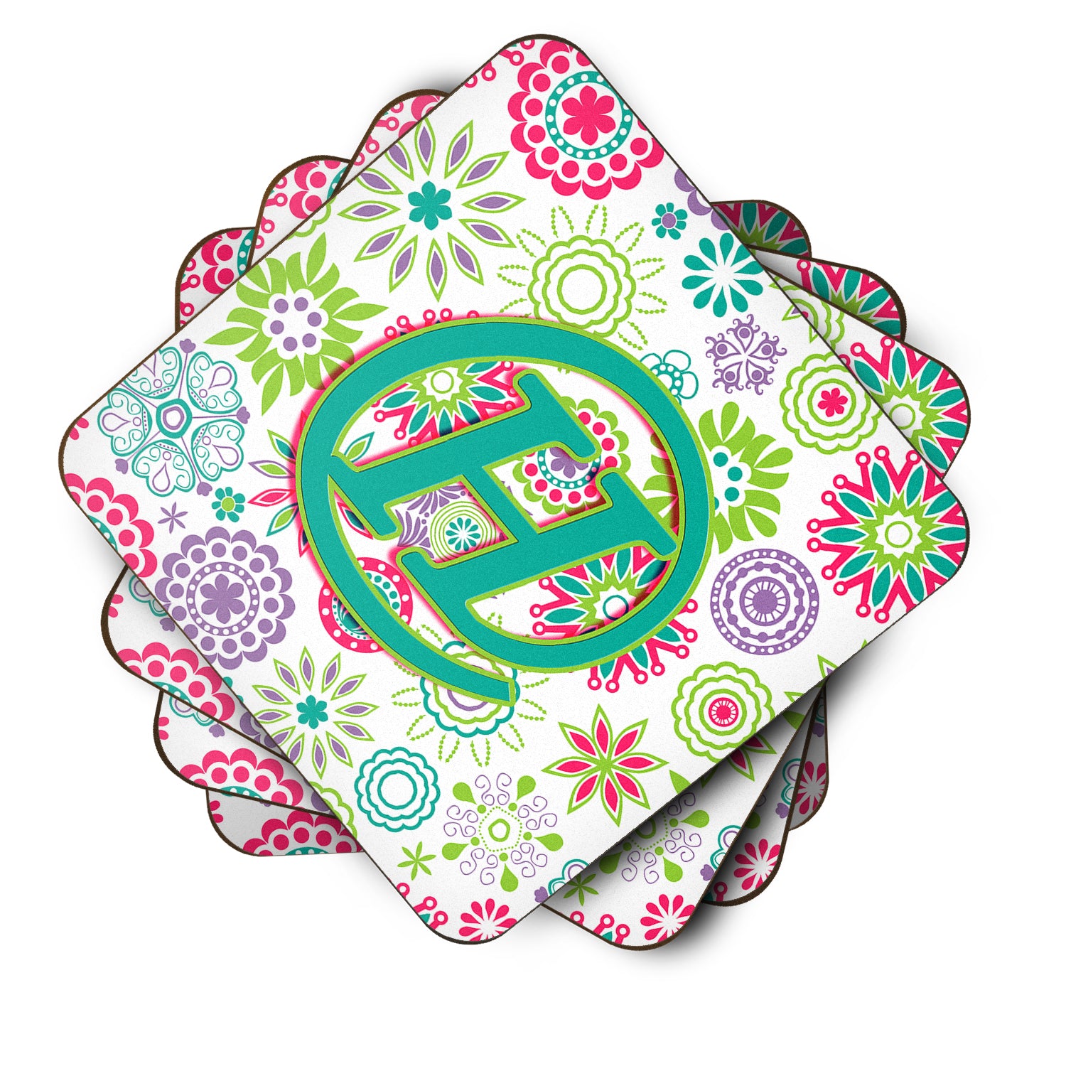 Set of 4 Letter H Flowers Pink Teal Green Initial Foam Coasters CJ2011-HFC - the-store.com