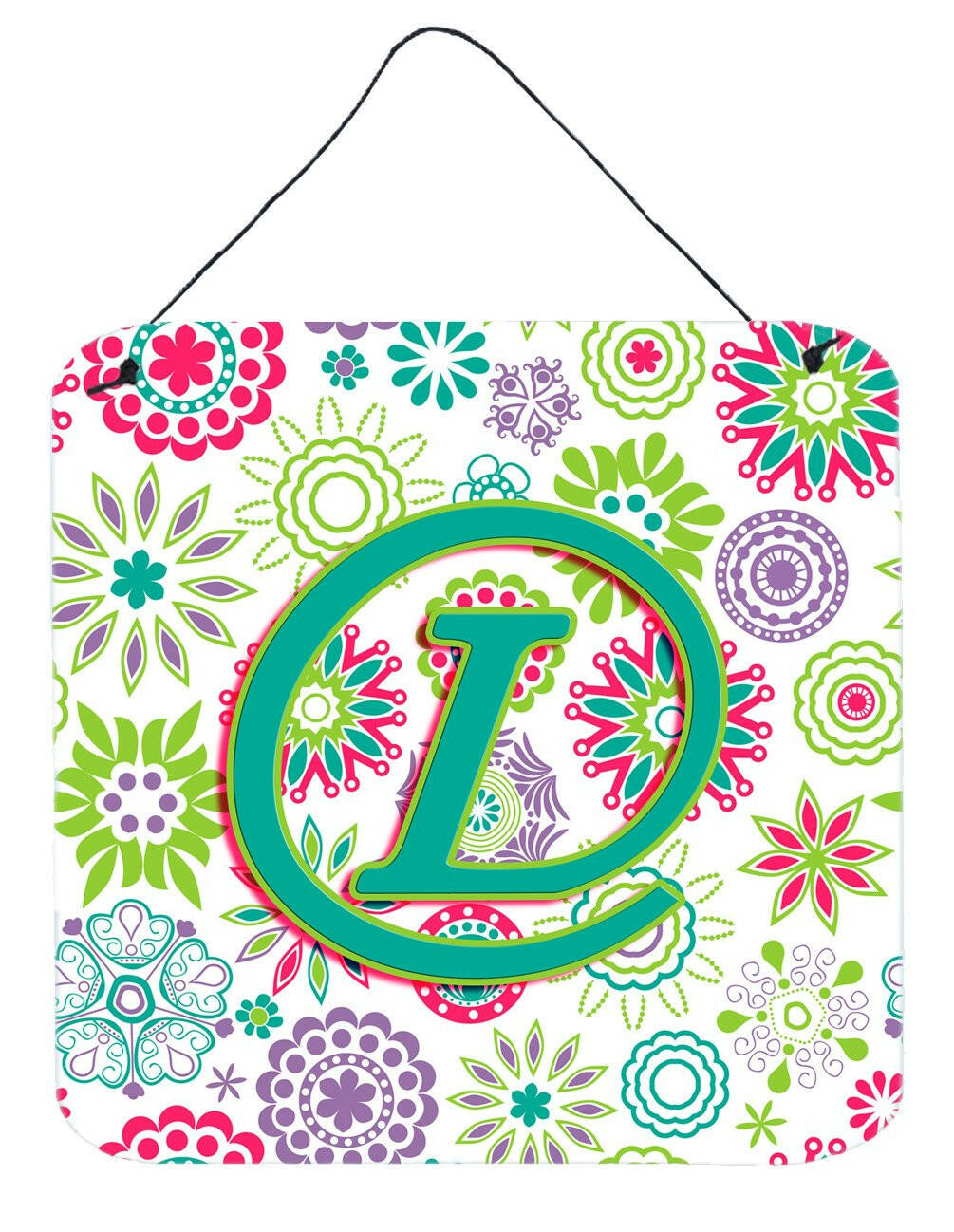 Letter L Flowers Pink Teal Green Initial Wall or Door Hanging Prints CJ2011-LDS66 by Caroline's Treasures