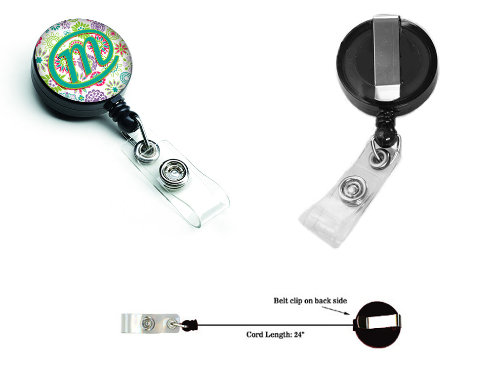 Letter M Flowers Pink Teal Green Initial Retractable Badge Reel CJ2011-MBR