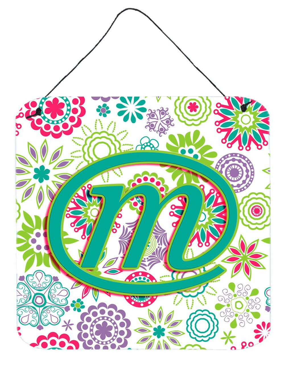 Letter M Flowers Pink Teal Green Initial Wall or Door Hanging Prints CJ2011-MDS66 by Caroline's Treasures