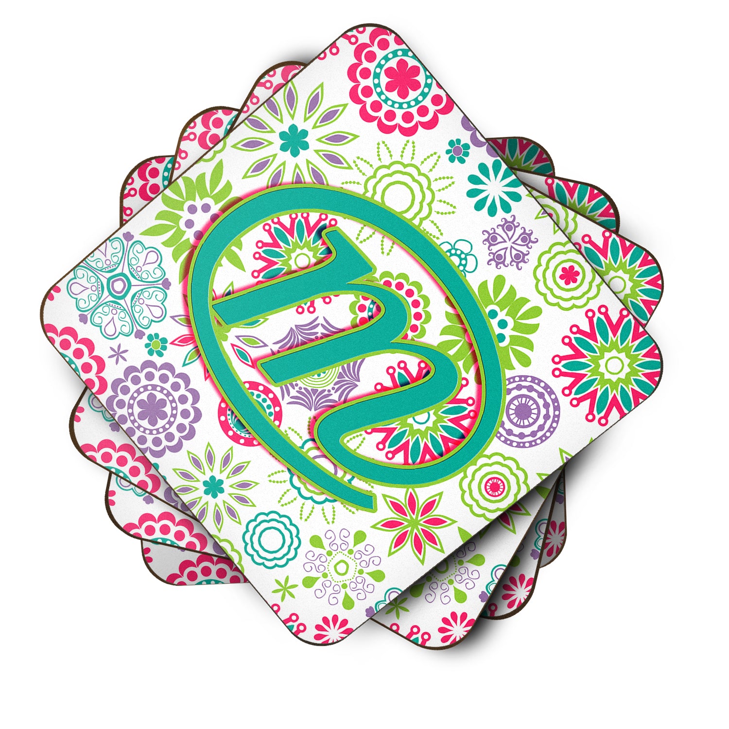 Set of 4 Letter M Flowers Pink Teal Green Initial Foam Coasters CJ2011-MFC - the-store.com