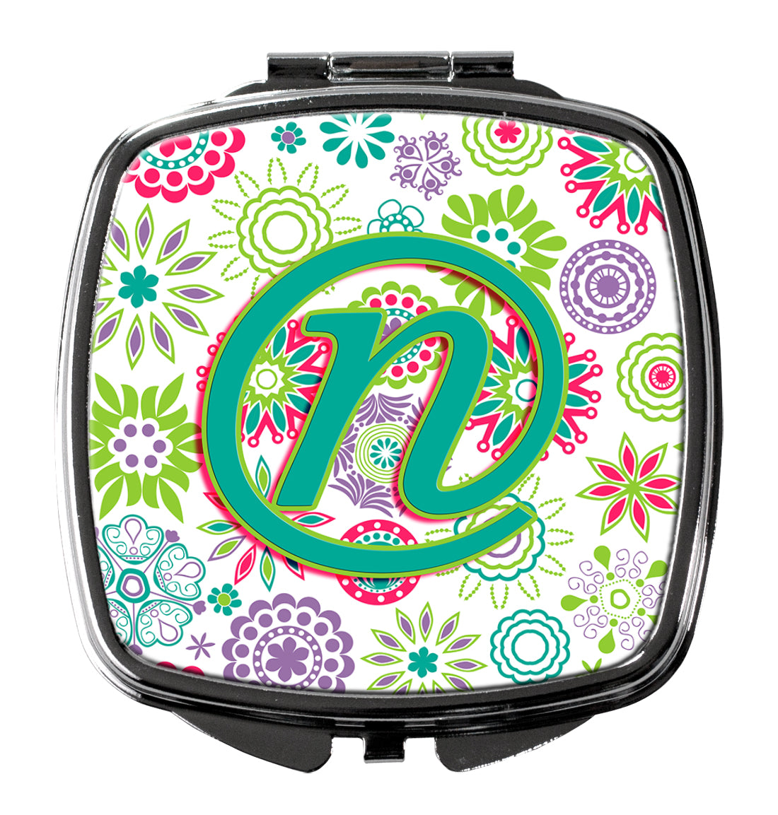 Letter N Flowers Pink Teal Green Initial Compact Mirror CJ2011-NSCM