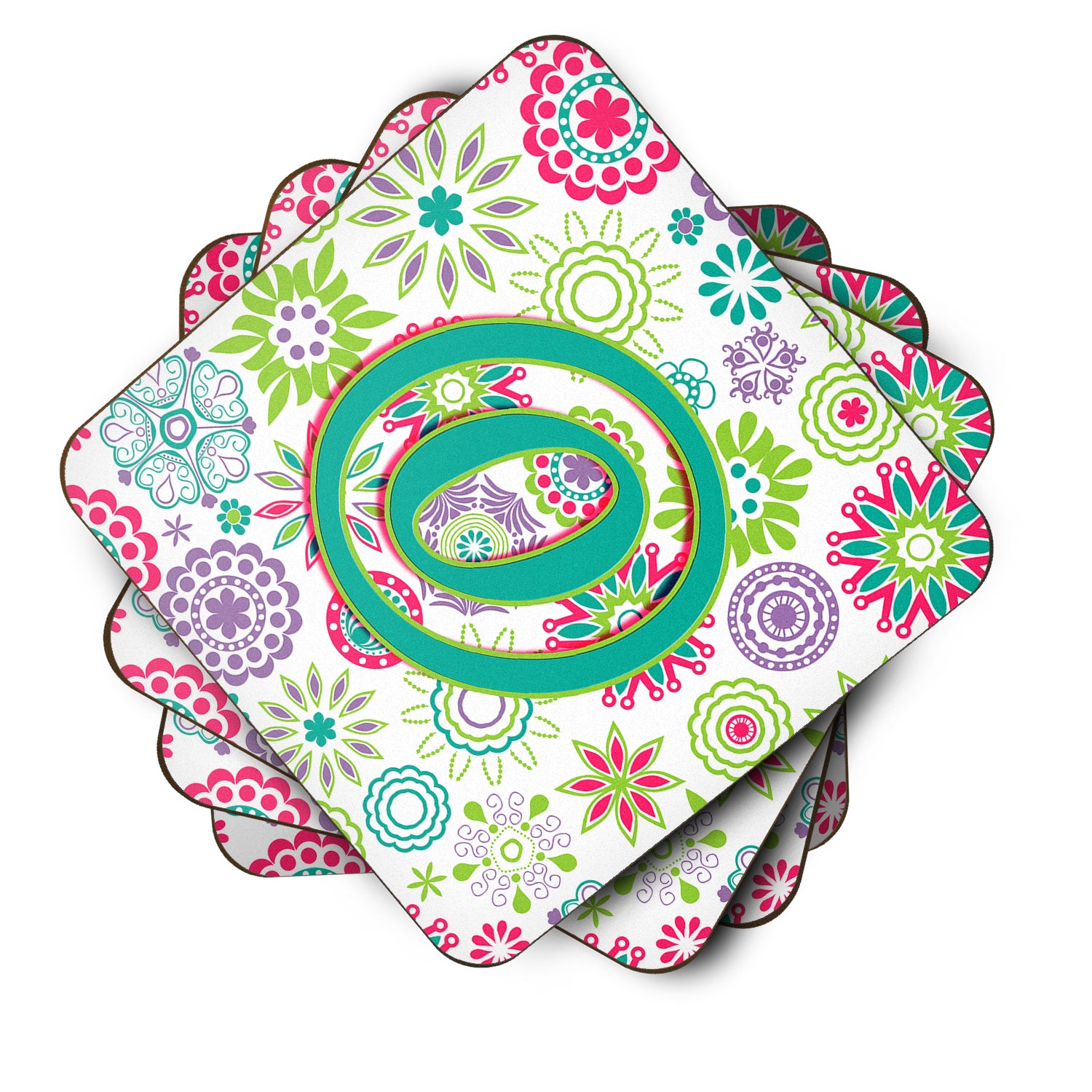 Set of 4 Letter O Flowers Pink Teal Green Initial Foam Coasters CJ2011-OFC - the-store.com
