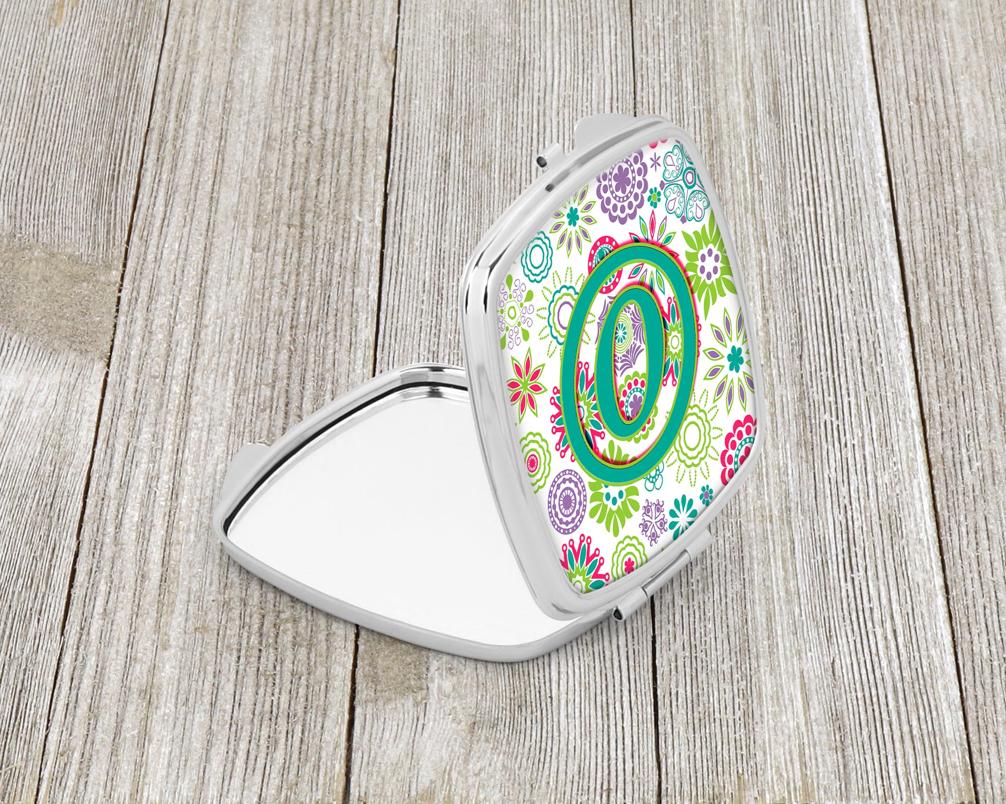 Letter O Flowers Pink Teal Green Initial Compact Mirror CJ2011-OSCM