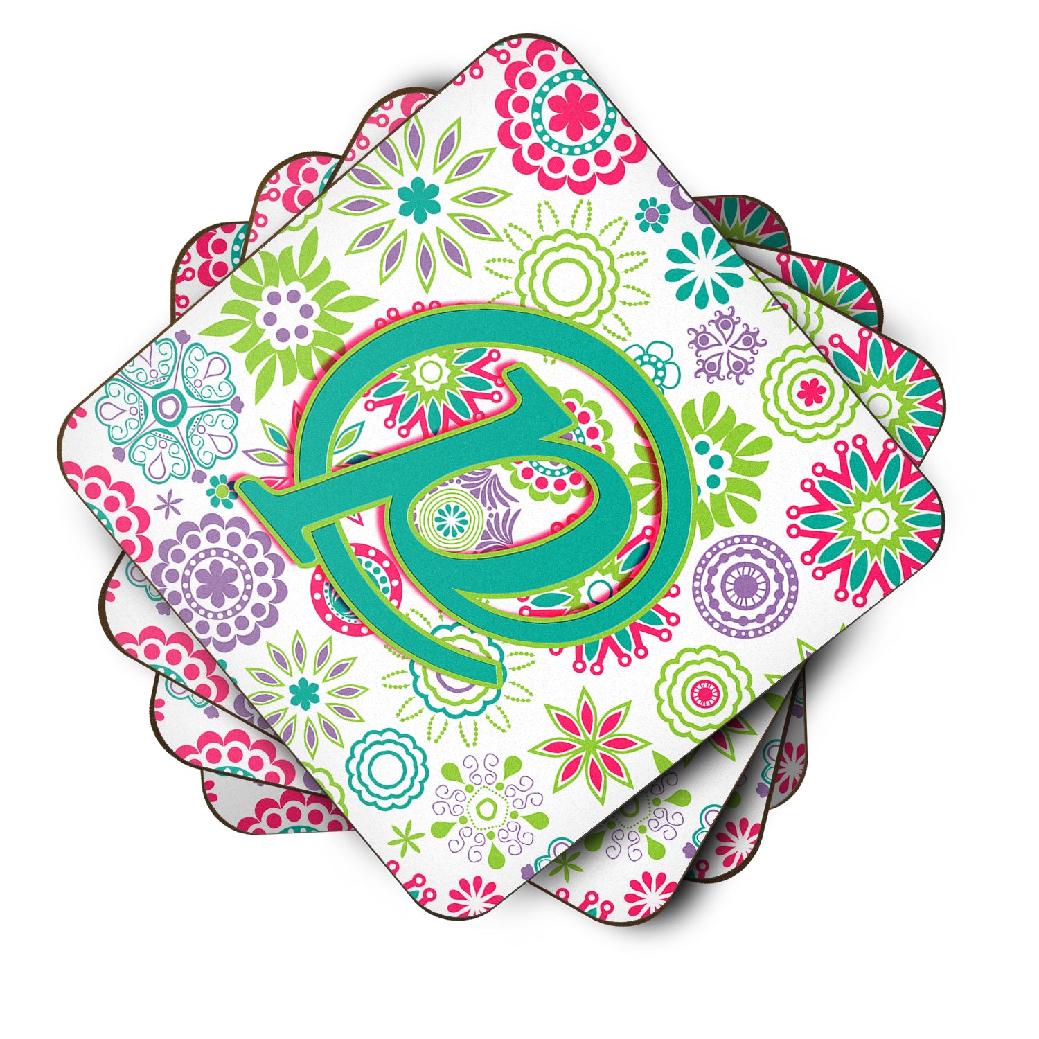Set of 4 Letter P Flowers Pink Teal Green Initial Foam Coasters CJ2011-PFC - the-store.com