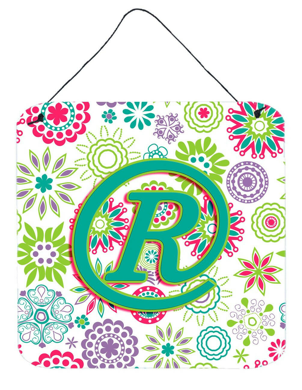 Letter R Flowers Pink Teal Green Initial Wall or Door Hanging Prints CJ2011-RDS66 by Caroline's Treasures