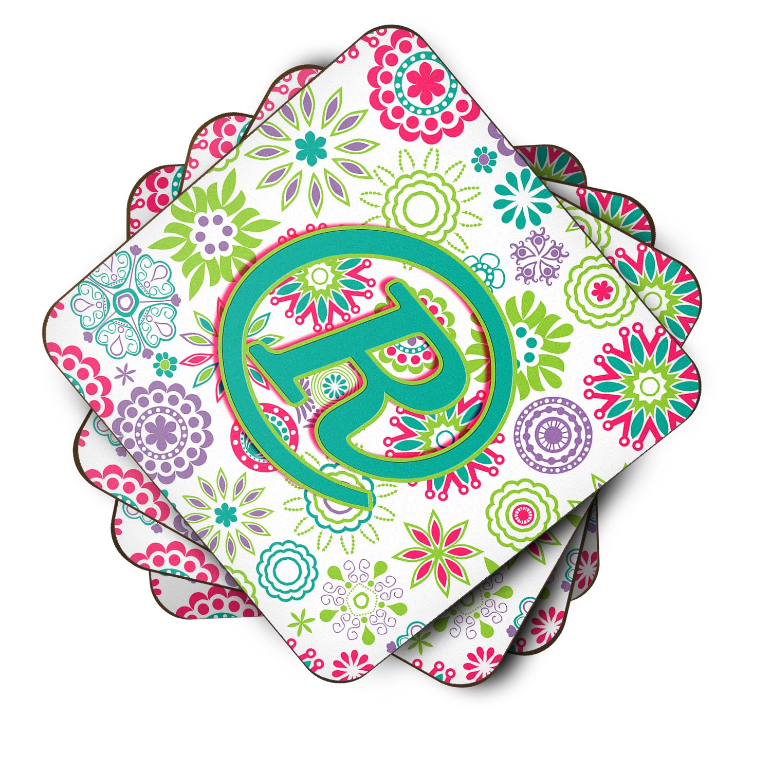 Set of 4 Letter R Flowers Pink Teal Green Initial Foam Coasters CJ2011-RFC - the-store.com