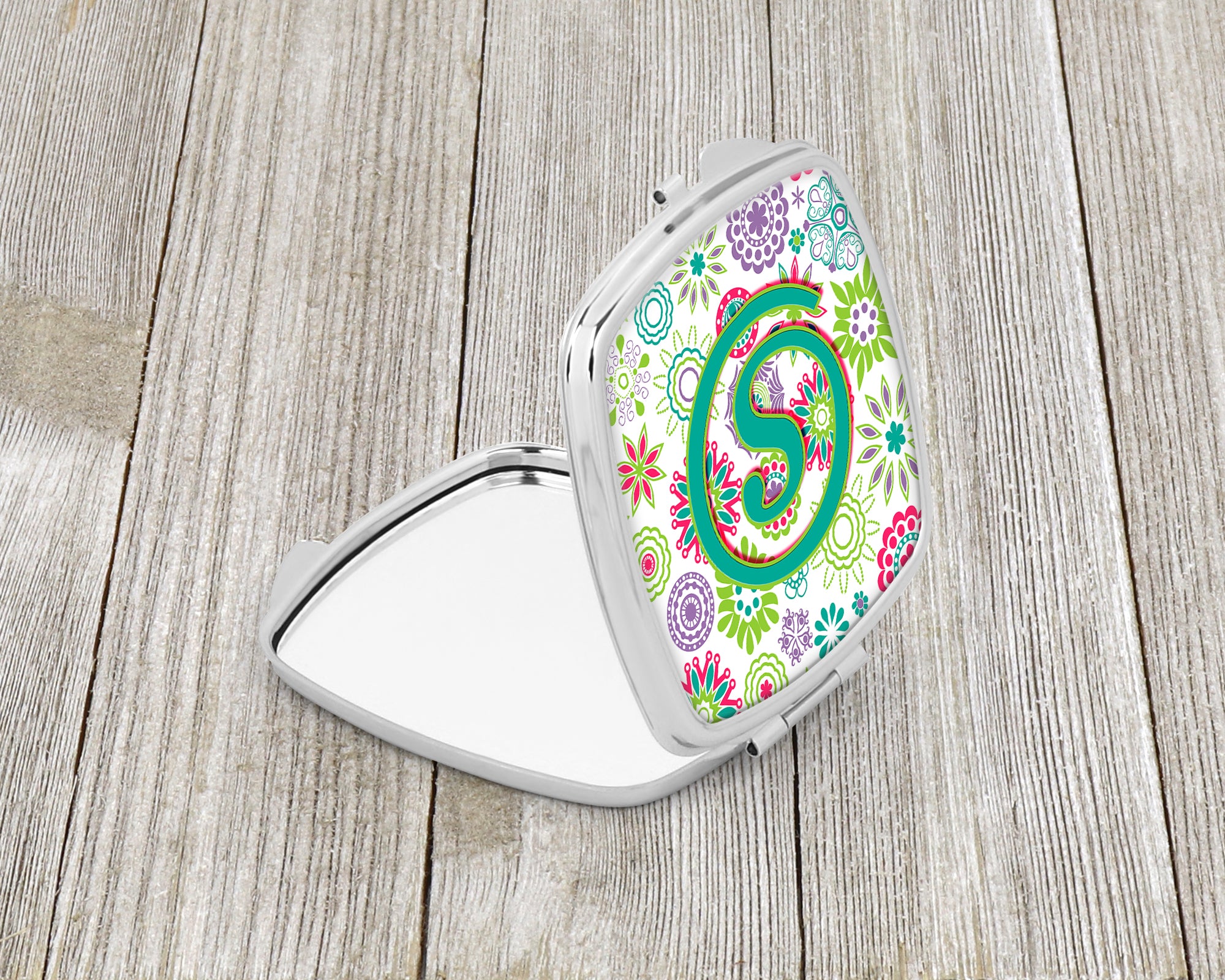 Letter S Flowers Pink Teal Green Initial Compact Mirror CJ2011-SSCM
