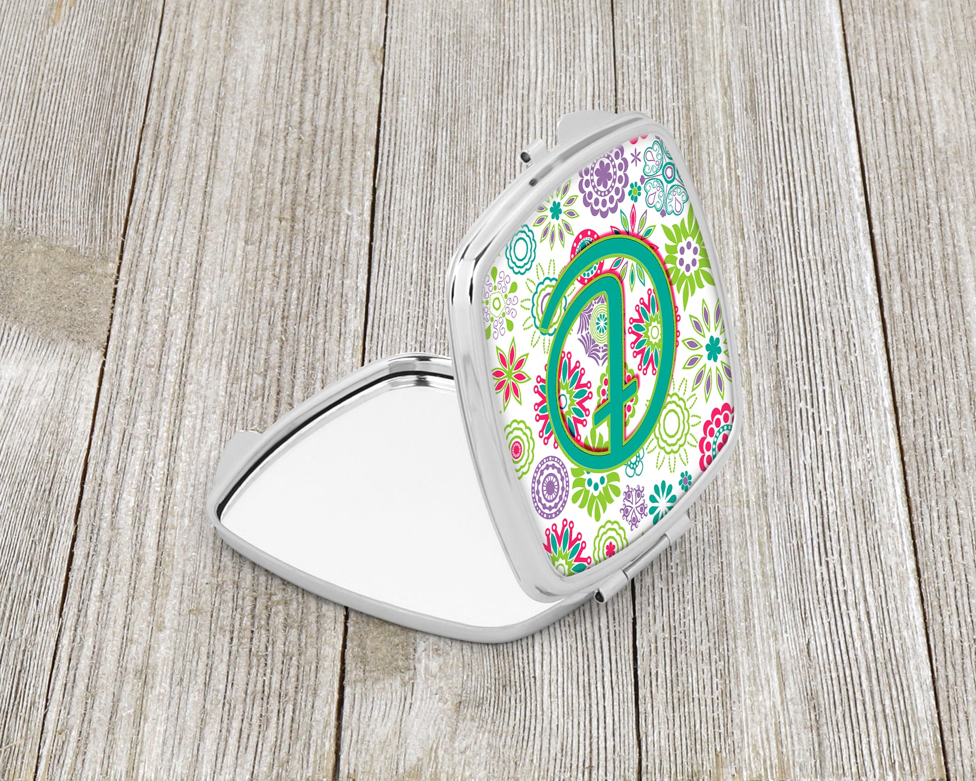 Letter T Flowers Pink Teal Green Initial Compact Mirror CJ2011-TSCM