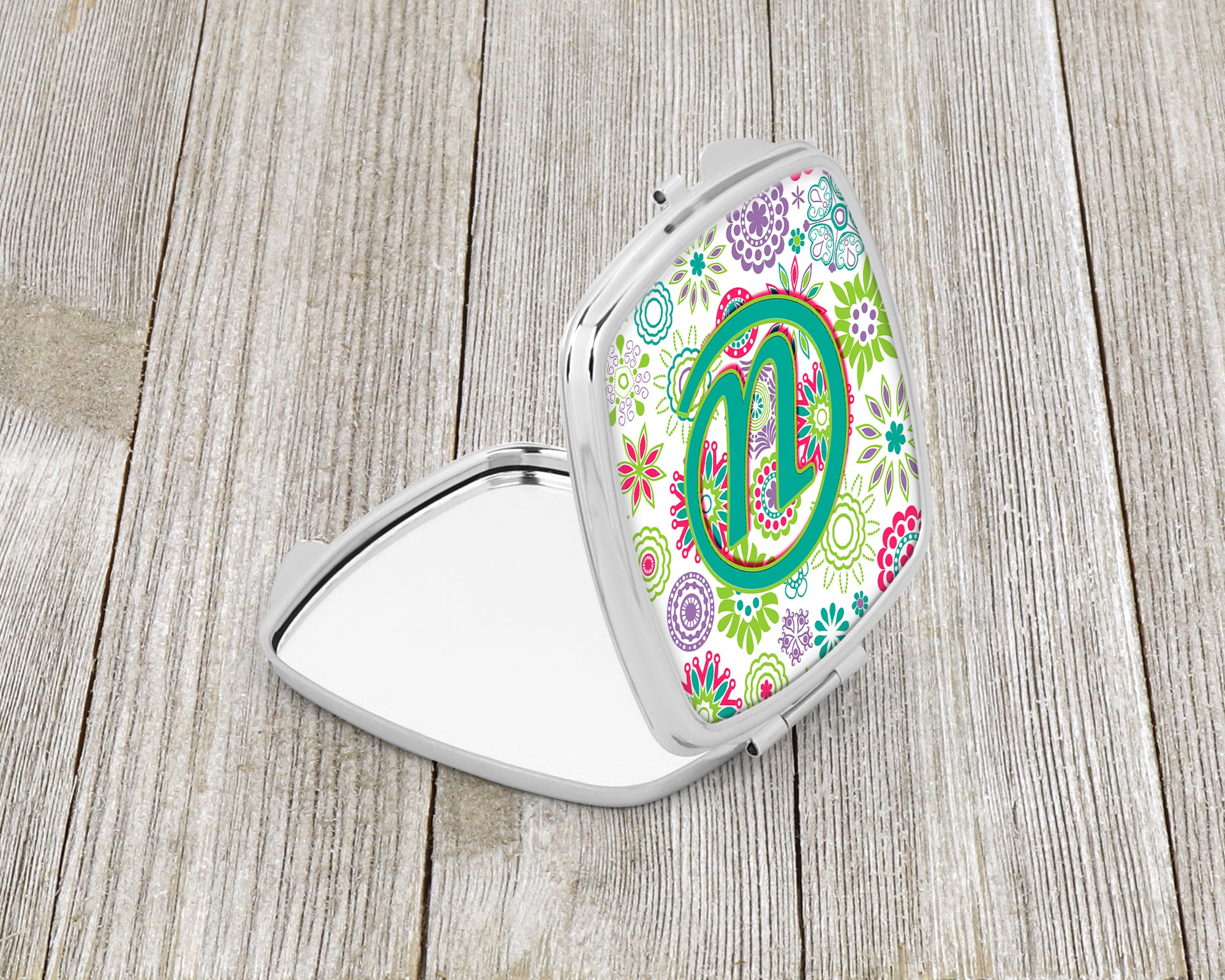 Letter U Flowers Pink Teal Green Initial Compact Mirror CJ2011-USCM