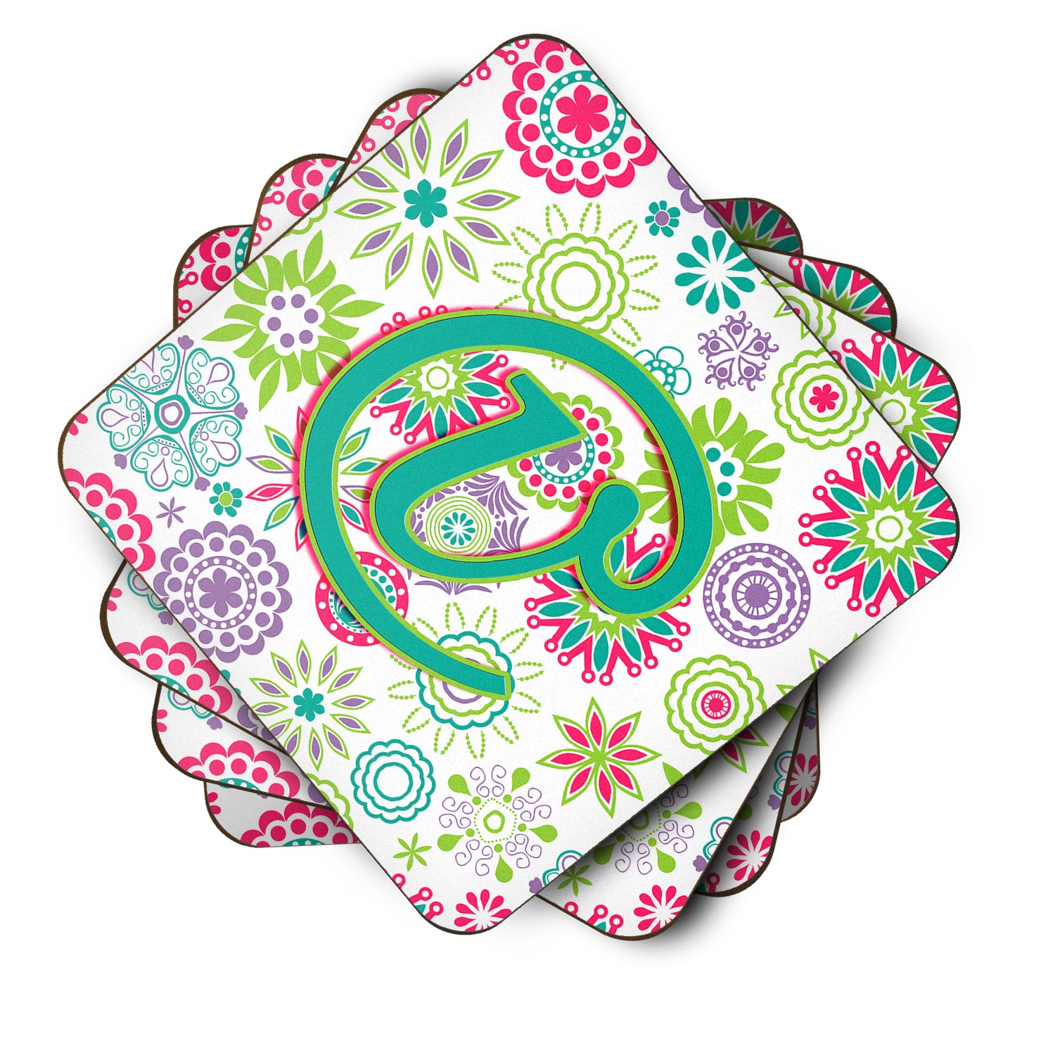 Set of 4 Letter V Flowers Pink Teal Green Initial Foam Coasters CJ2011-VFC - the-store.com
