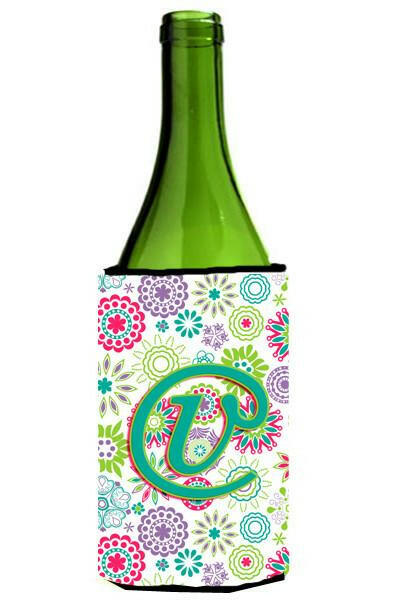 Letter V Flowers Pink Teal Green Initial Wine Bottle Beverage Insulator Hugger CJ2011-VLITERK by Caroline's Treasures