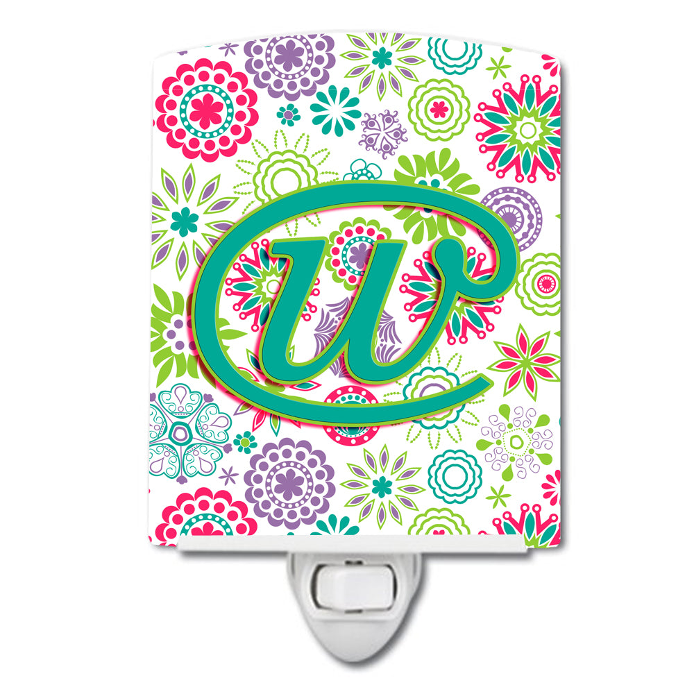 Letter W Flowers Pink Teal Green Initial Ceramic Night Light CJ2011-WCNL - the-store.com