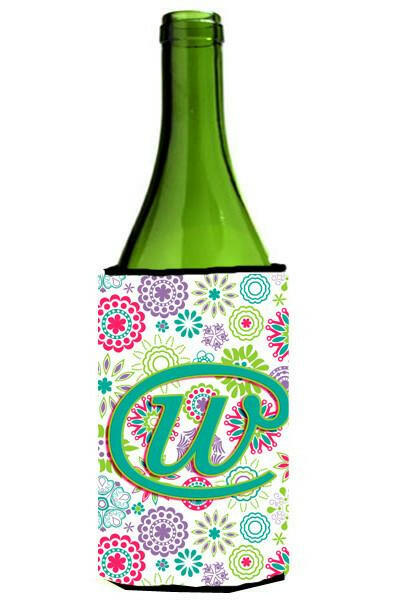 Letter W Flowers Pink Teal Green Initial Wine Bottle Beverage Insulator Hugger CJ2011-WLITERK by Caroline's Treasures