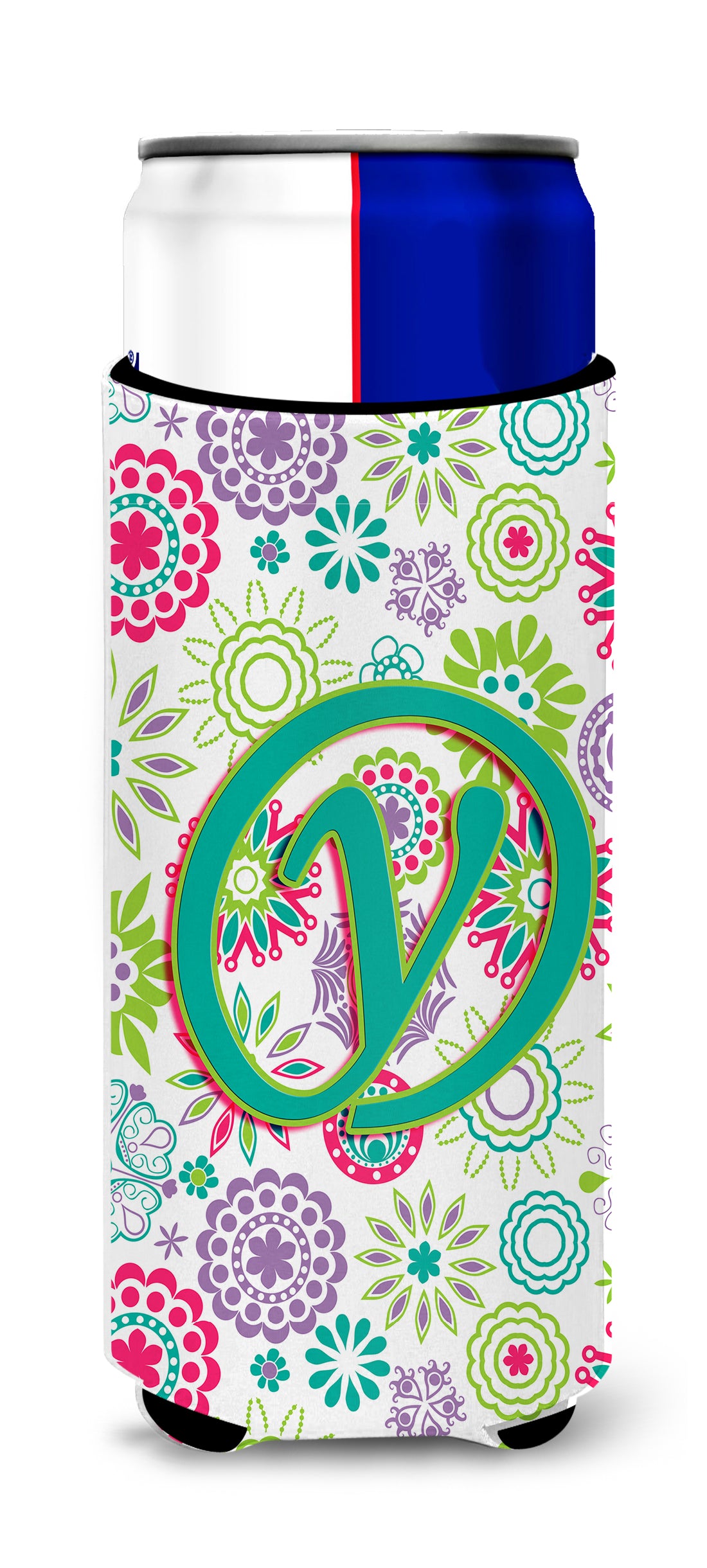 Letter Y Flowers Pink Teal Green Initial Ultra Beverage Insulators for slim cans CJ2011-YMUK