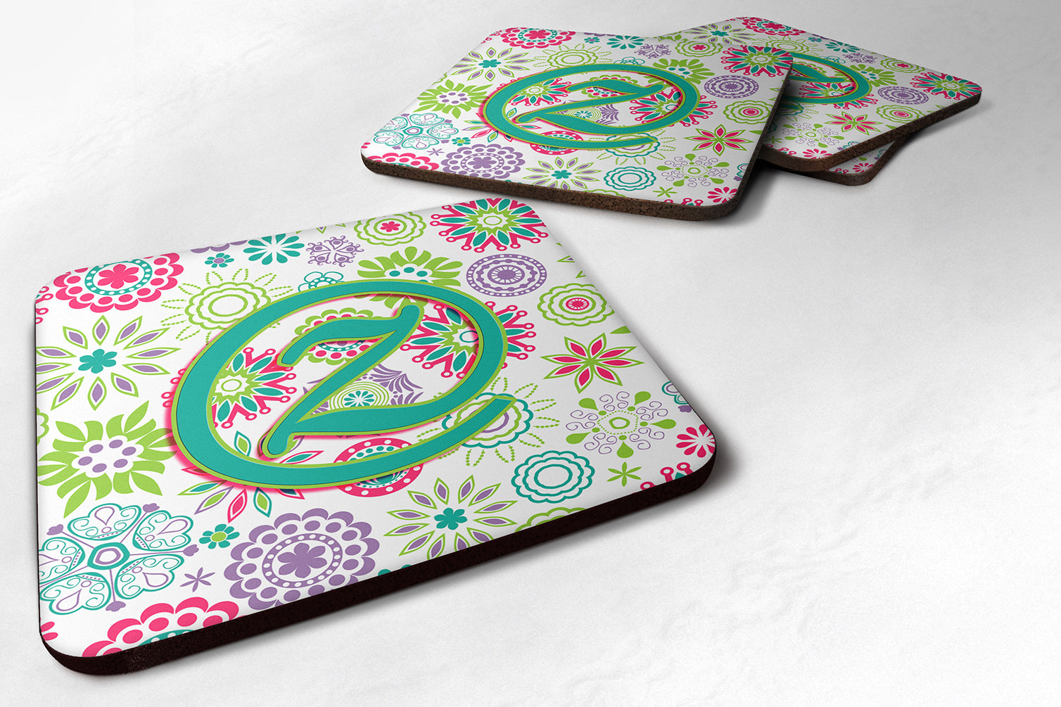 Set of 4 Letter Z Flowers Pink Teal Green Initial Foam Coasters CJ2011-ZFC - the-store.com
