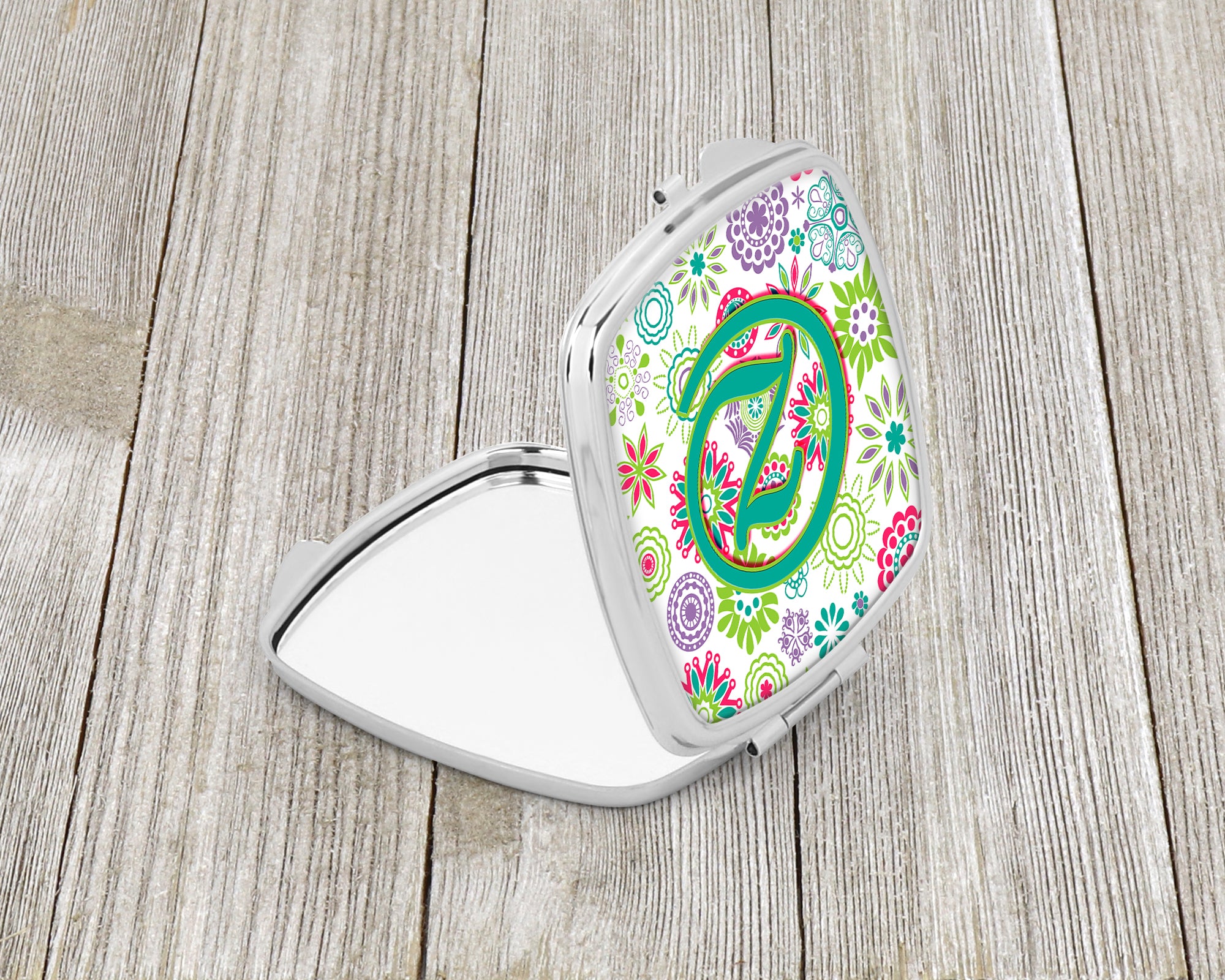 Letter Z Flowers Pink Teal Green Initial Compact Mirror CJ2011-ZSCM