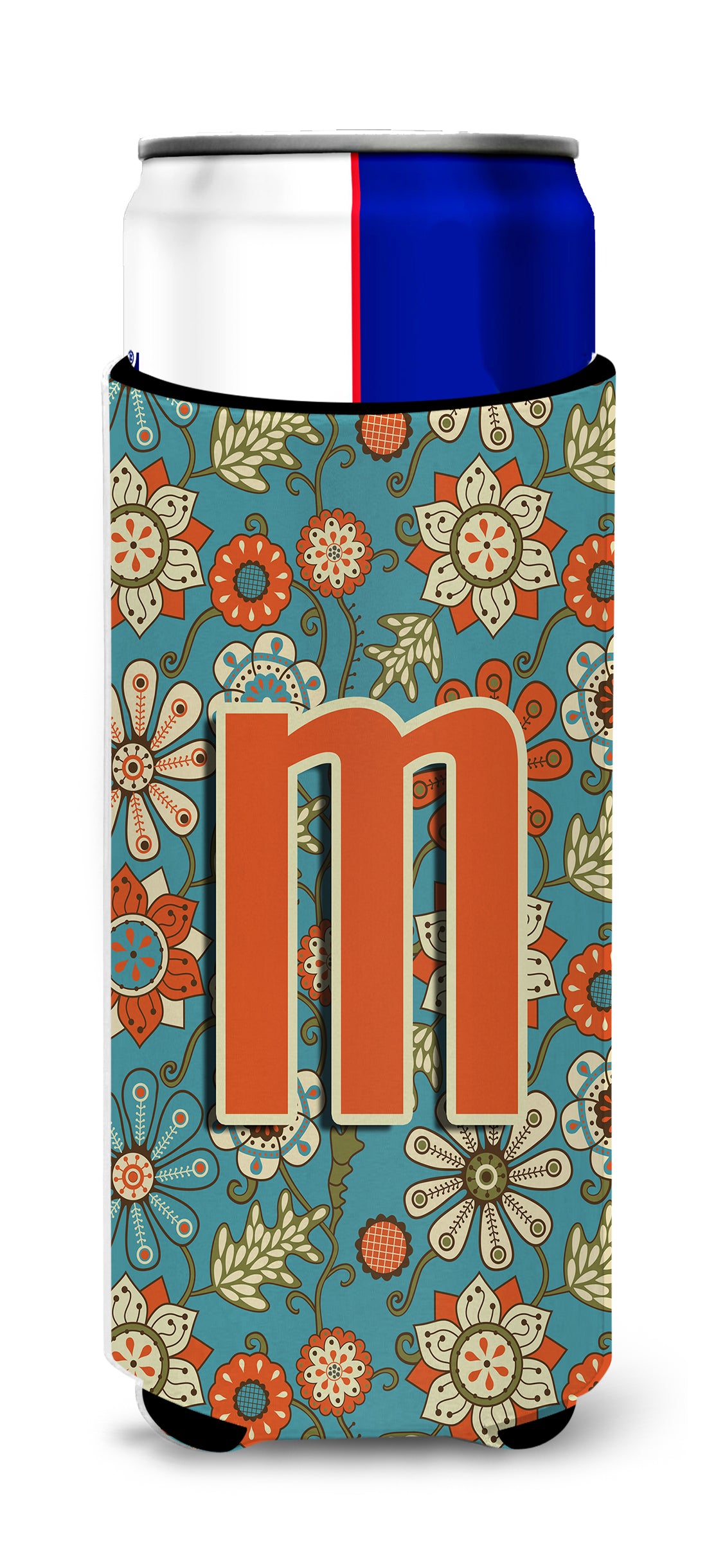 Letter M Flowers Retro Blue Ultra Beverage Insulators for slim cans CJ2012-MMUK.