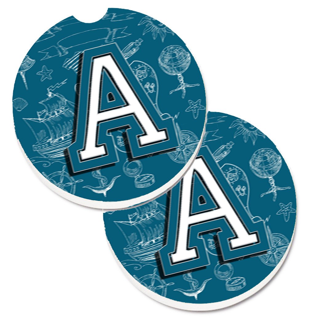 Letter A Sea Doodles Initial Alphabet Set of 2 Cup Holder Car Coasters CJ2014-ACARC by Caroline&#39;s Treasures