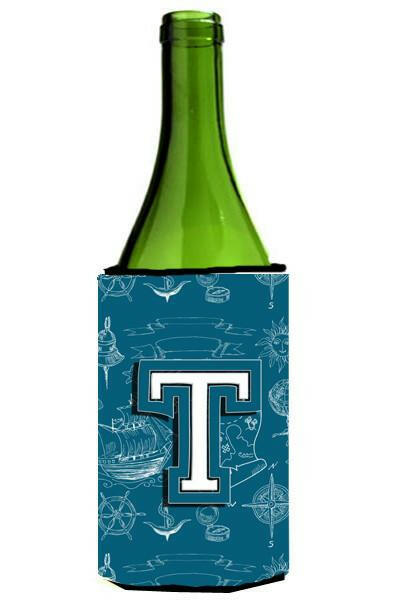 Letter T Sea Doodles Initial Alphabet Wine Bottle Beverage Insulator Hugger CJ2014-TLITERK by Caroline's Treasures