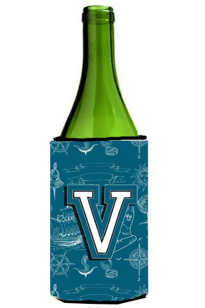 Letter V Sea Doodles Initial Alphabet Wine Bottle Beverage Insulator Hugger CJ2014-VLITERK by Caroline's Treasures