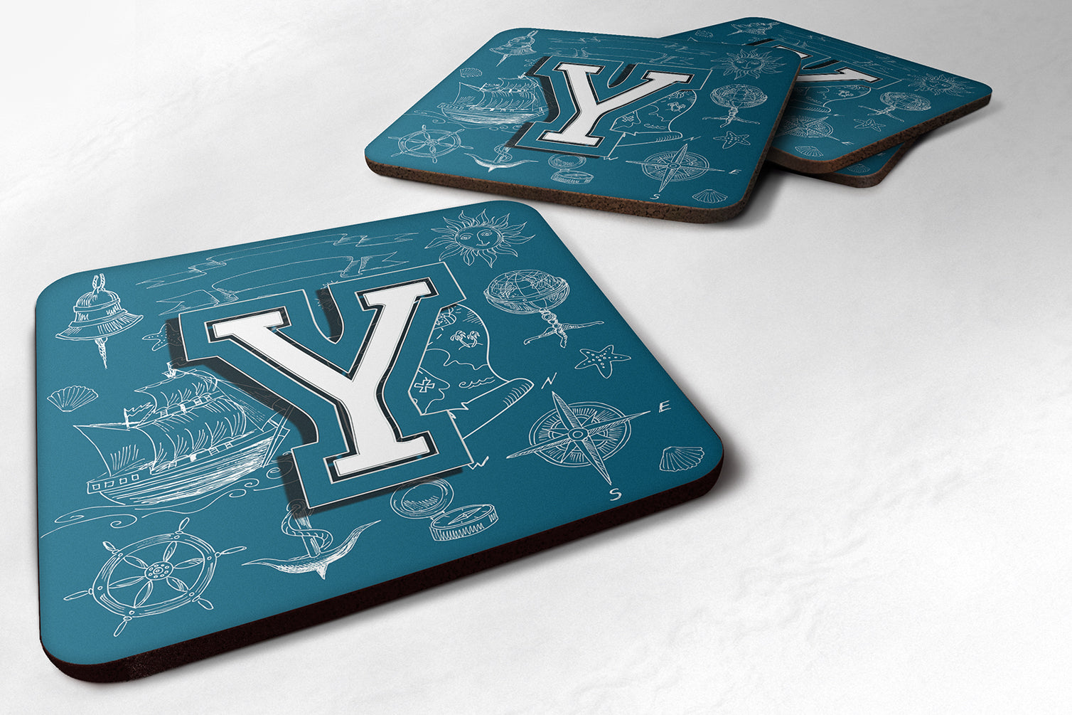 Set of 4 Letter Y Sea Doodles Initial Alphabet Foam Coasters CJ2014-YFC - the-store.com