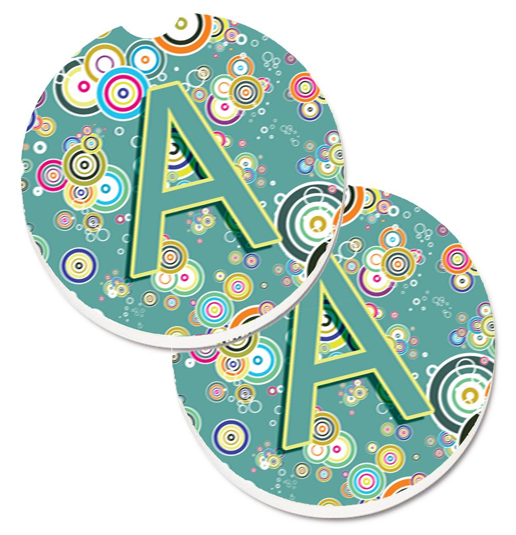 Letter A Circle Circle Teal Initial Alphabet Set of 2 Cup Holder Car Coasters CJ2015-ACARC by Caroline&#39;s Treasures