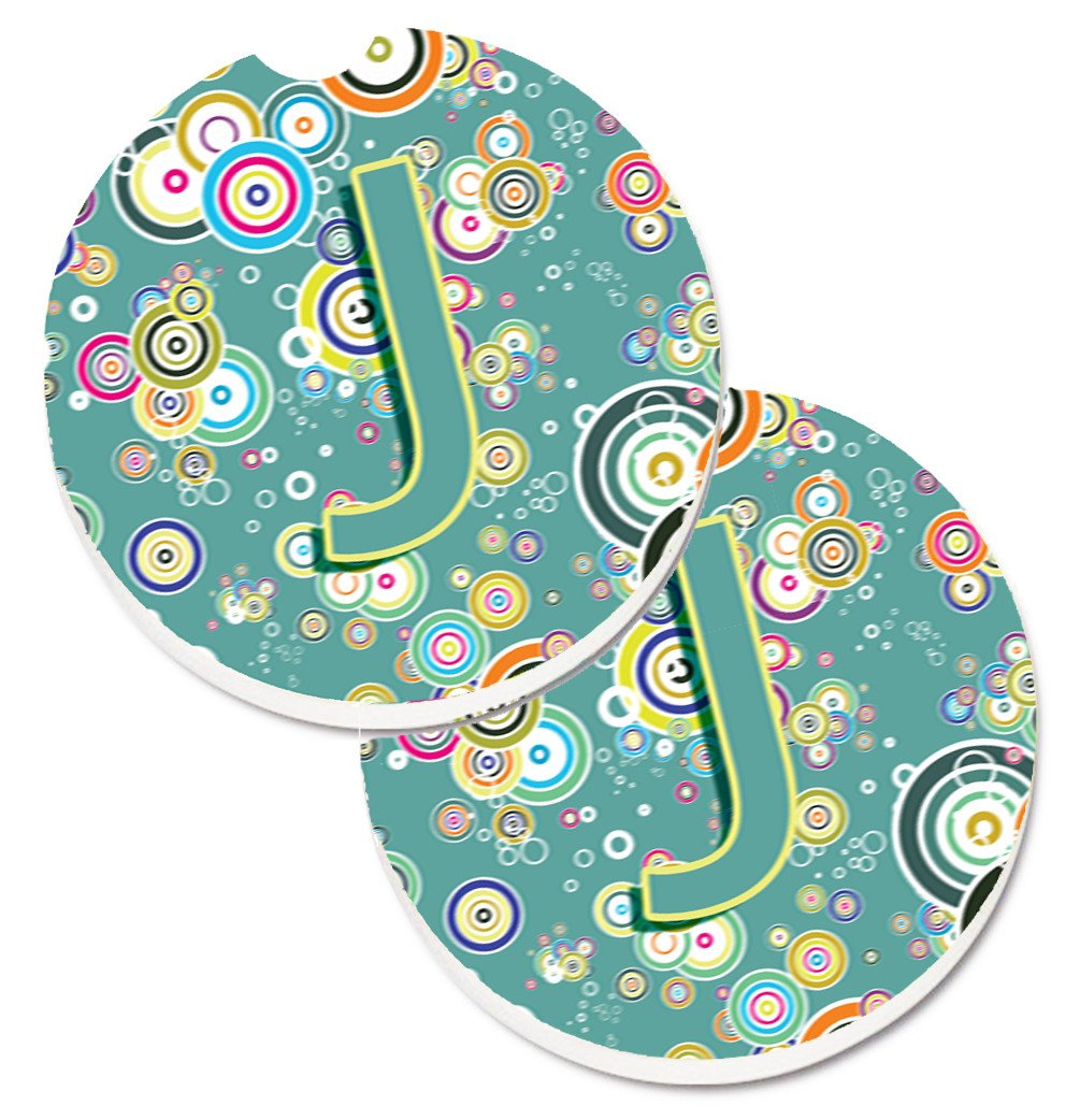 Letter J Circle Circle Teal Initial Alphabet Set of 2 Cup Holder Car Coasters CJ2015-JCARC by Caroline&#39;s Treasures