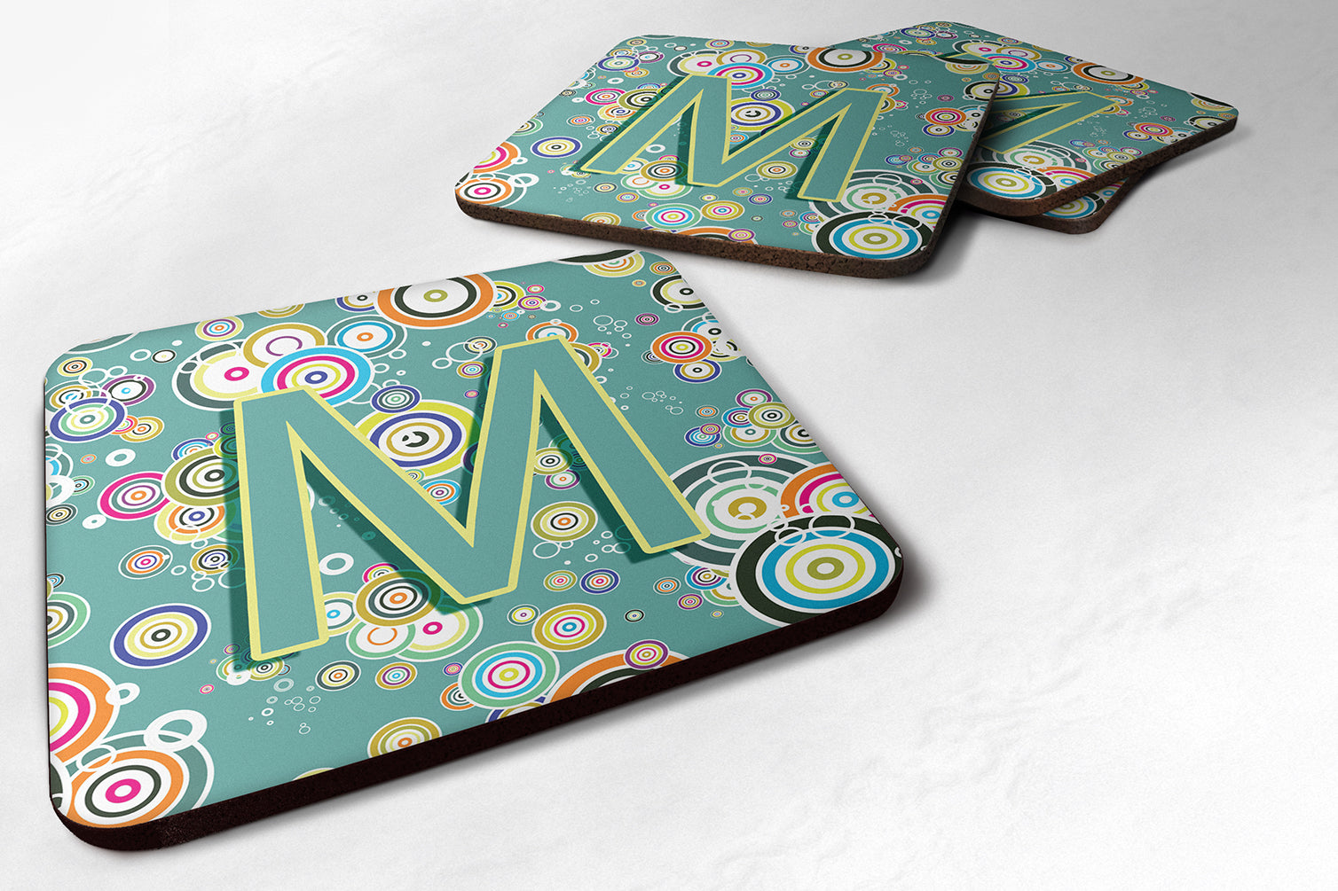 Set of 4 Letter M Circle Circle Teal Initial Alphabet Foam Coasters CJ2015-MFC - the-store.com