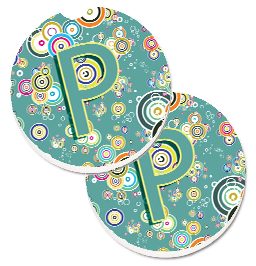 Letter P Circle Circle Teal Initial Alphabet Set of 2 Cup Holder Car Coasters CJ2015-PCARC by Caroline's Treasures