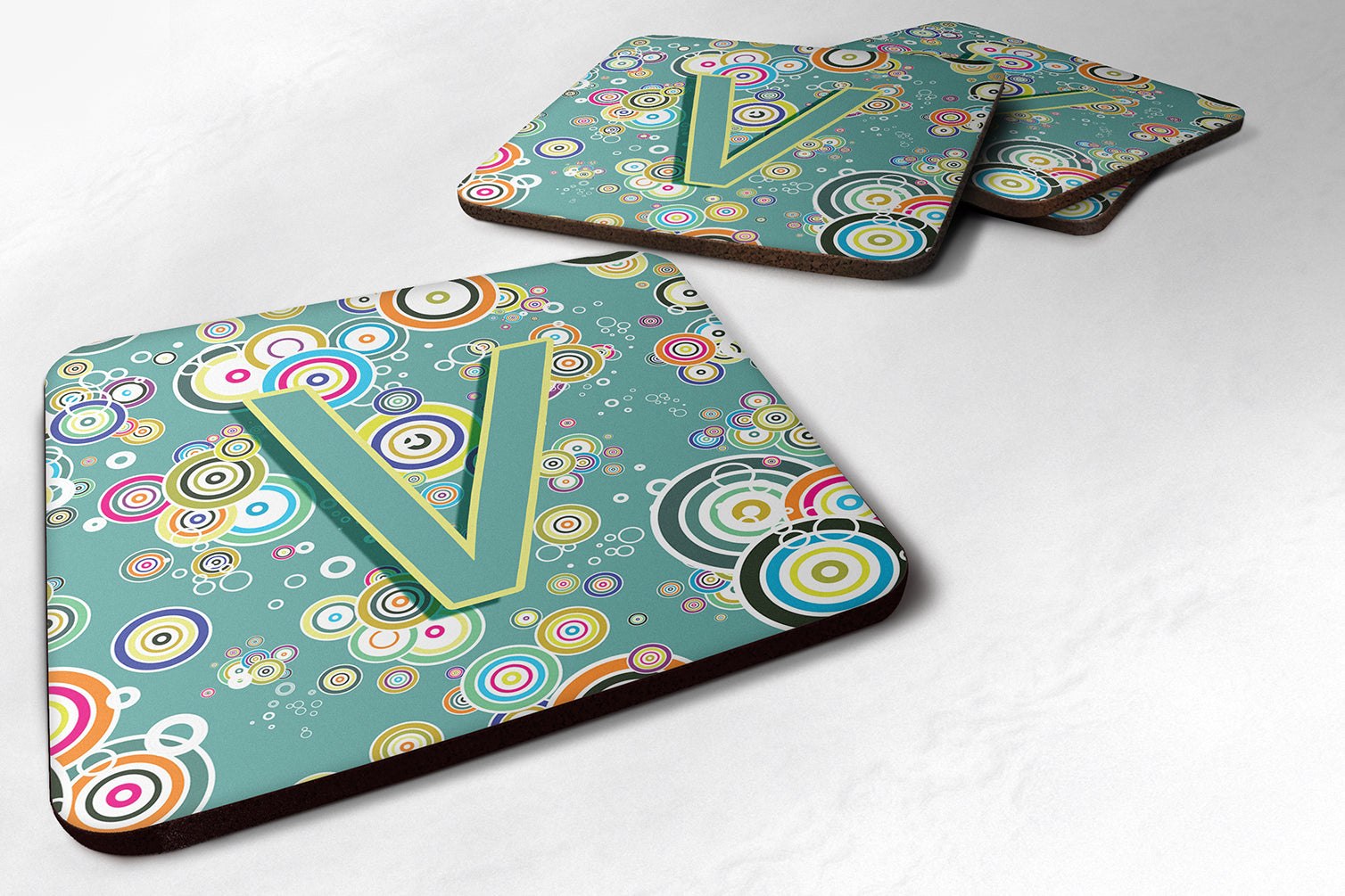 Set of 4 Letter V Circle Circle Teal Initial Alphabet Foam Coasters CJ2015-VFC - the-store.com