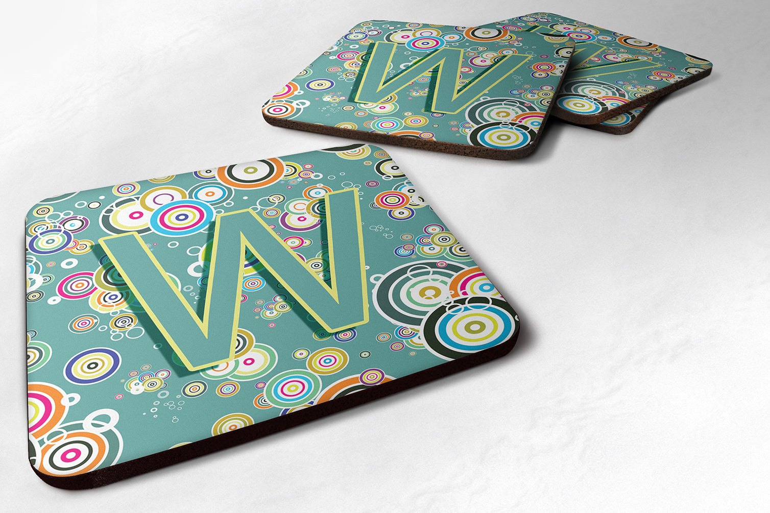 Set of 4 Letter W Circle Circle Teal Initial Alphabet Foam Coasters CJ2015-WFC - the-store.com