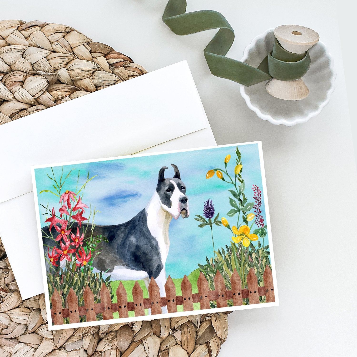 Buy this Harlequin Great Dane Spring Greeting Cards and Envelopes Pack of 8