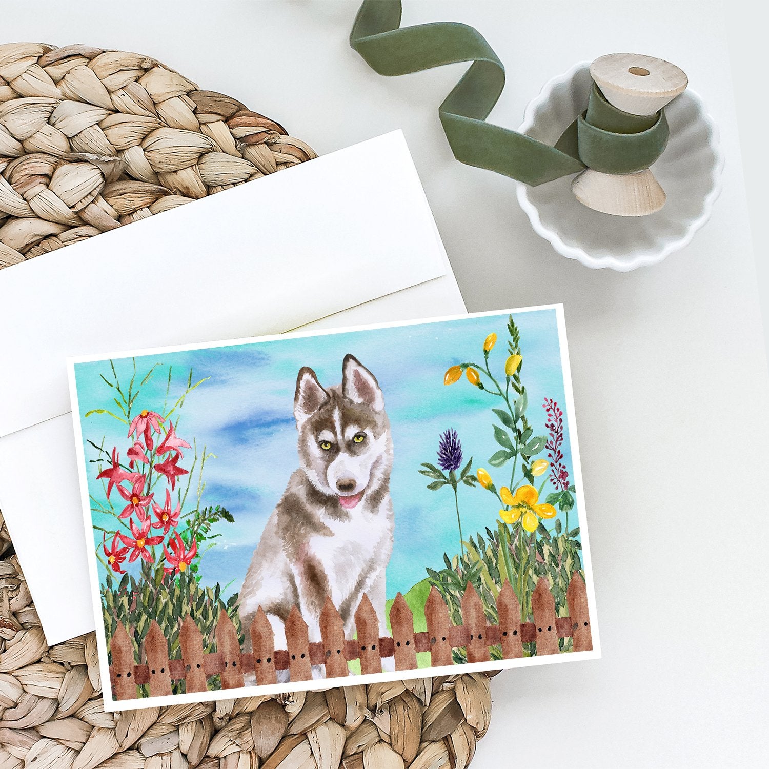 Buy this Siberian Husky Grey Spring Greeting Cards and Envelopes Pack of 8