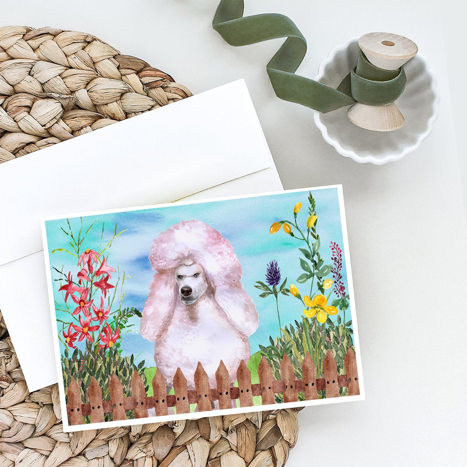 Buy this White Standard Poodle Spring Greeting Cards and Envelopes Pack of 8