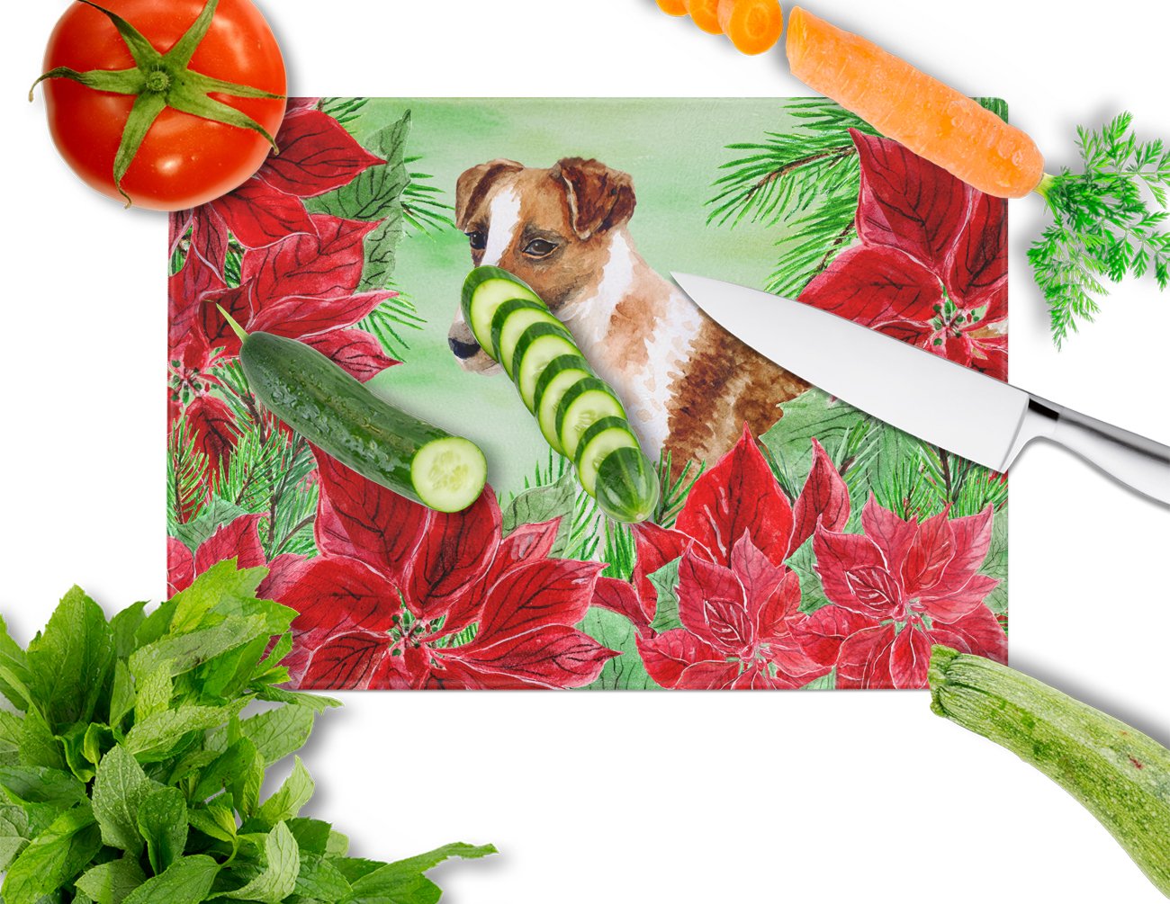 Smooth Fox Terrier Poinsettas Glass Cutting Board Large CK1296LCB by Caroline's Treasures