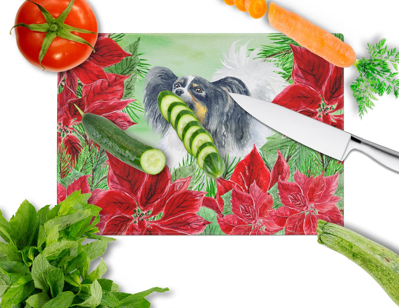 Papillon Poinsettas Glass Cutting Board Large CK1305LCB by Caroline's Treasures
