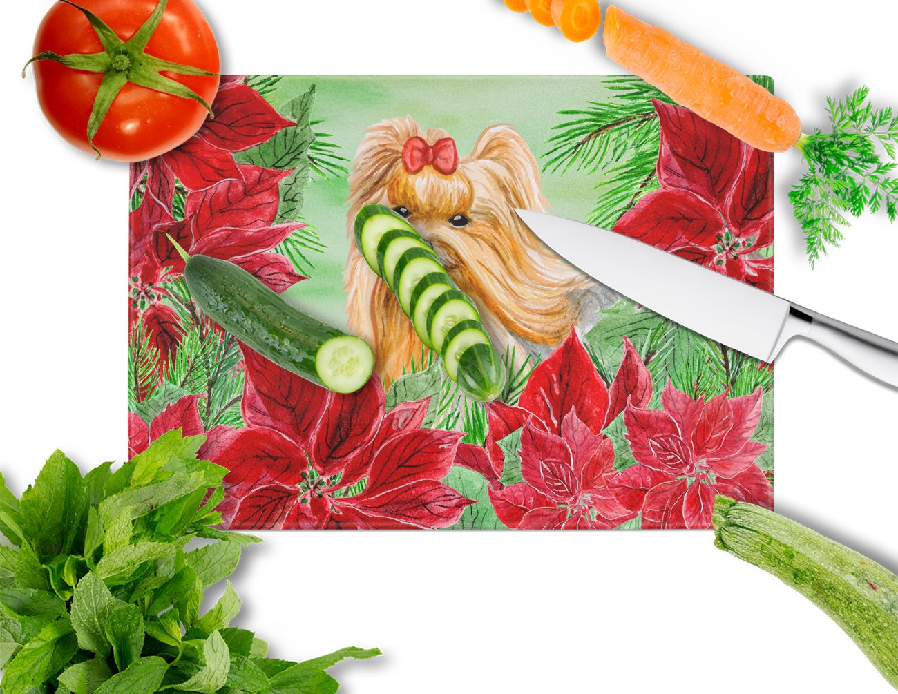 Yorkshire Terrier Poinsettas Glass Cutting Board Large CK1333LCB by Caroline's Treasures