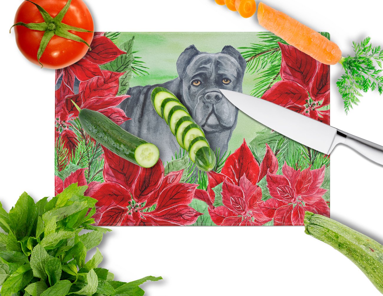 Cane Corso Poinsettas Glass Cutting Board Large CK1342LCB by Caroline's Treasures