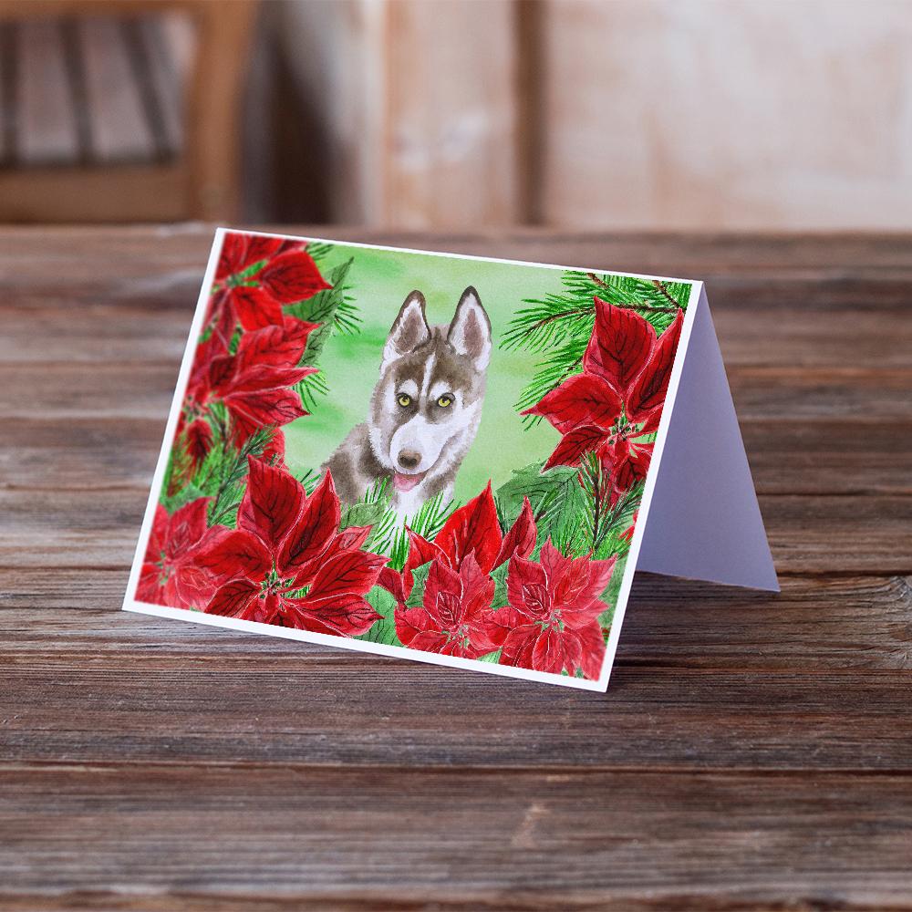 Buy this Siberian Husky Grey Poinsettas Greeting Cards and Envelopes Pack of 8