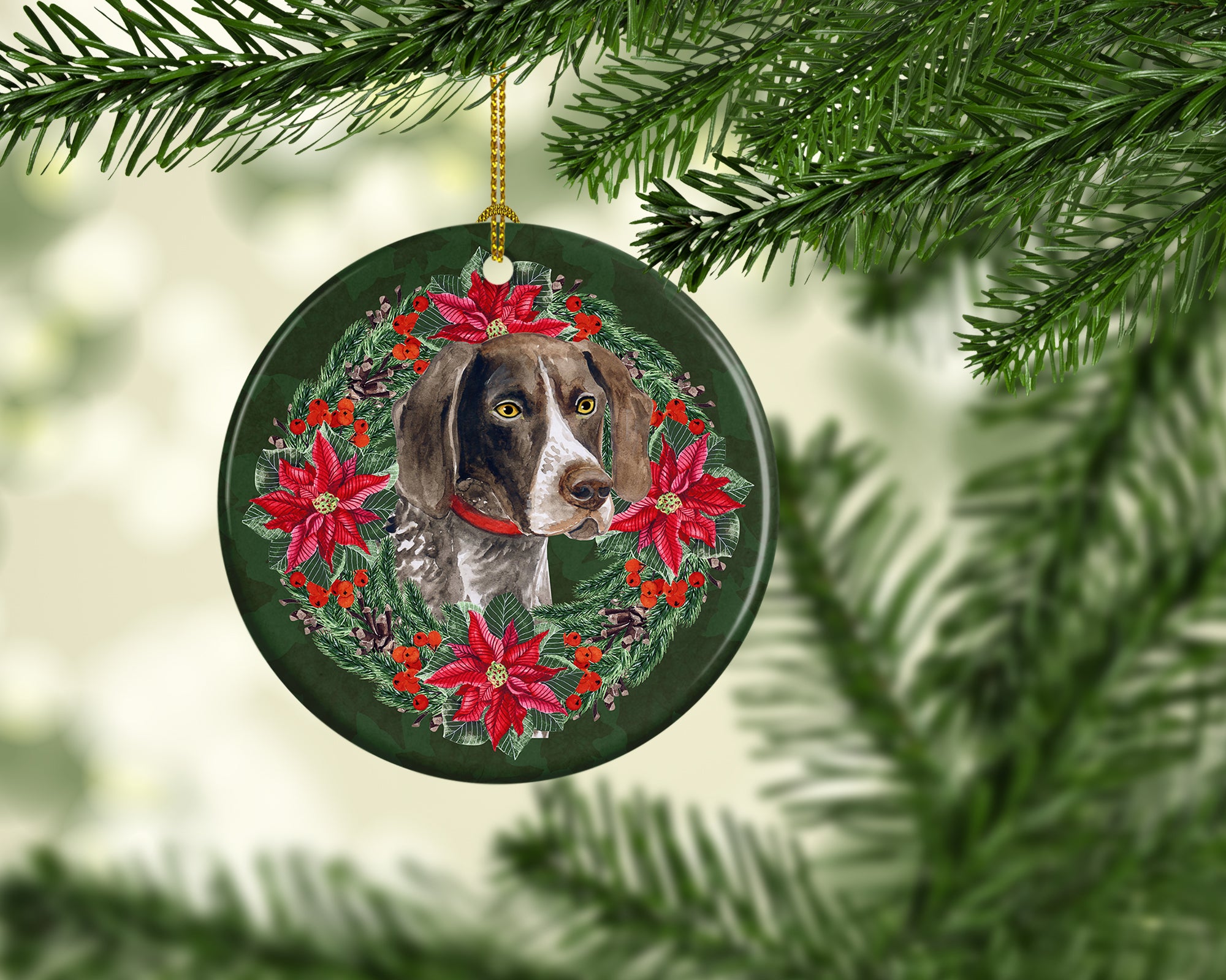 Buy this German Shorthaired Pointer Poinsetta Wreath Ceramic Ornament