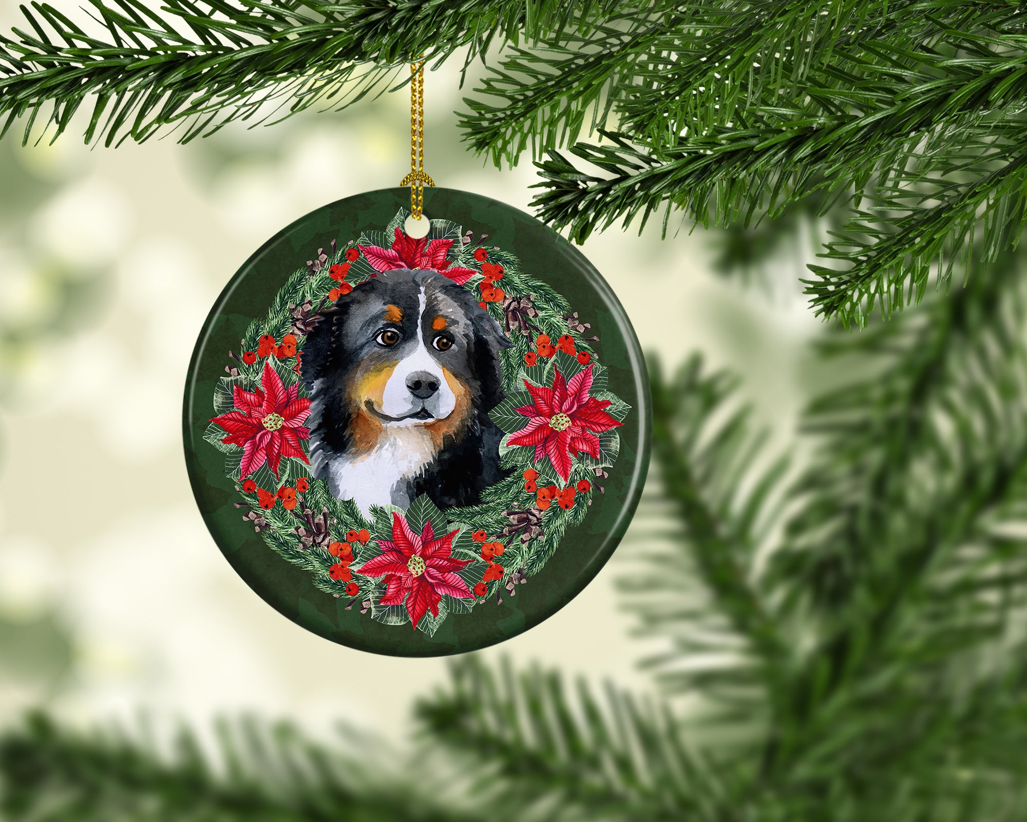 Buy this Bernese Mountain Dog Poinsetta Wreath Ceramic Ornament