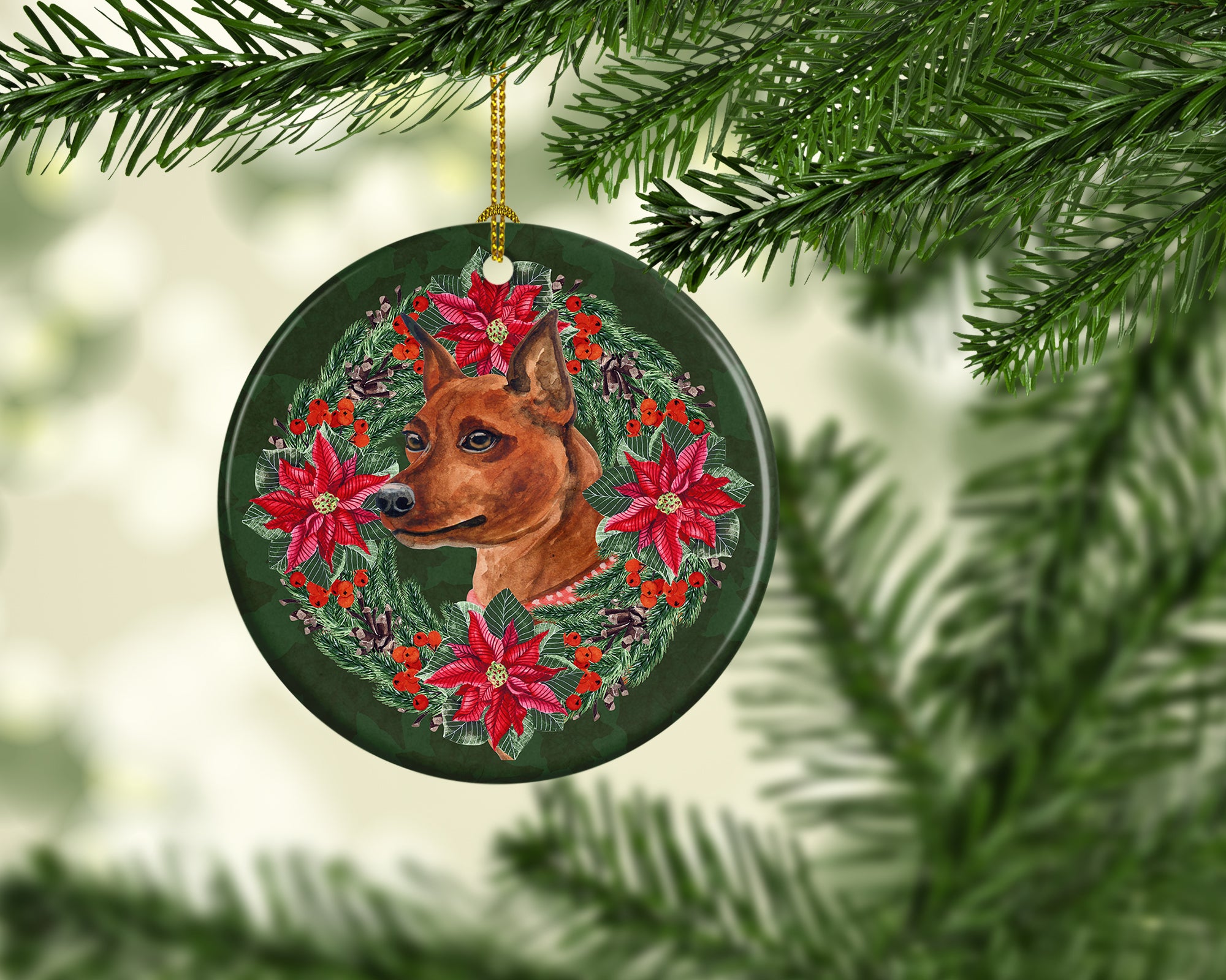 Buy this Miniature Pinscher Poinsetta Wreath Ceramic Ornament