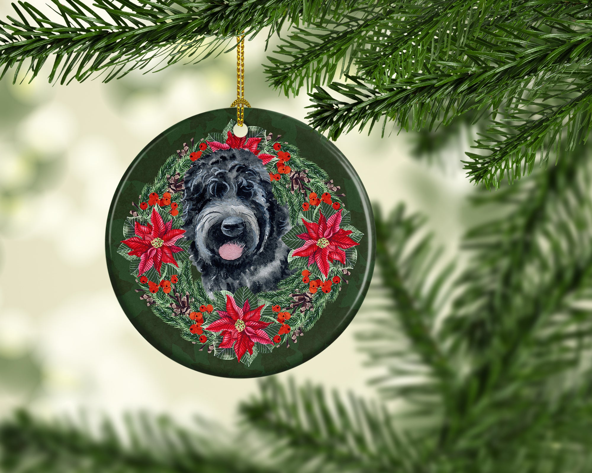 Black Russian Terrier Poinsetta Wreath Ceramic Ornament - the-store.com