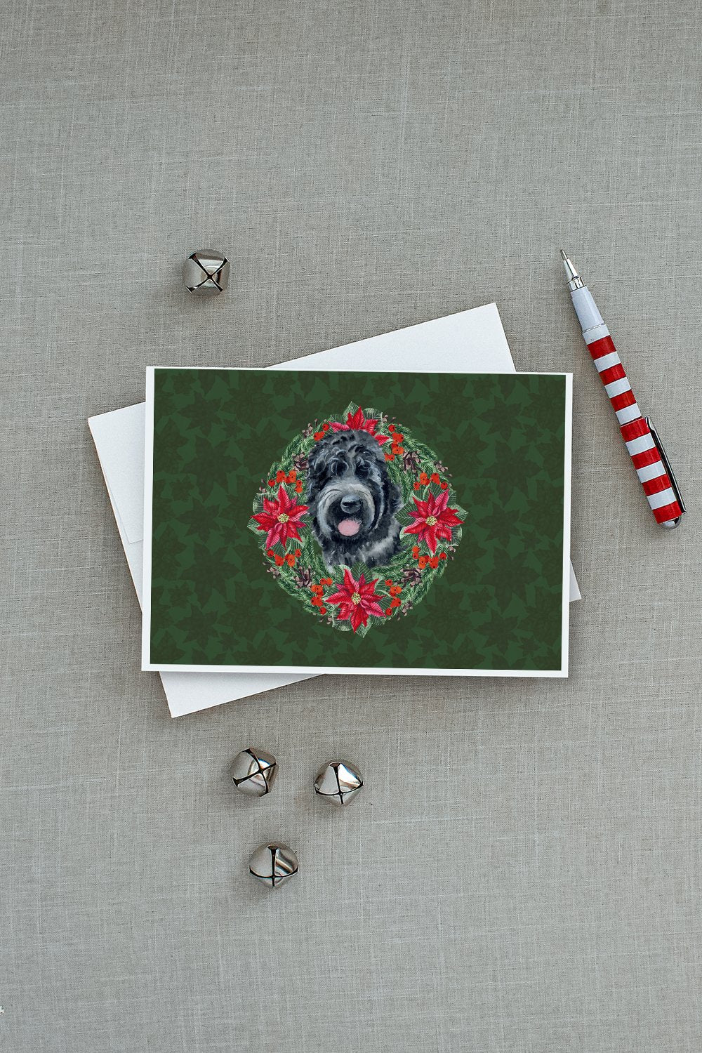 Black Russian Terrier Poinsetta Wreath Greeting Cards and Envelopes Pack of 8 - the-store.com