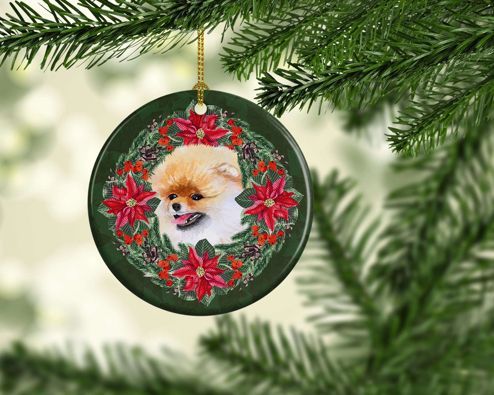 Buy this Pomeranian Poinsetta Wreath Ceramic Ornament